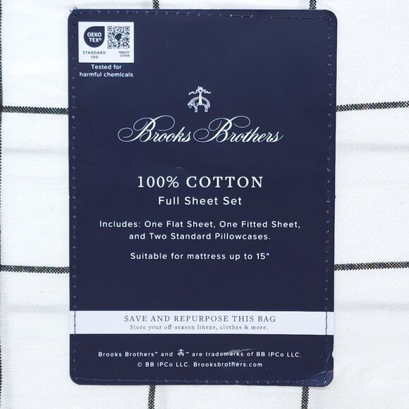 Brooks Brothers Cotton Full Double Sheet Set Black White Large Plaid - Picture 3 of 8